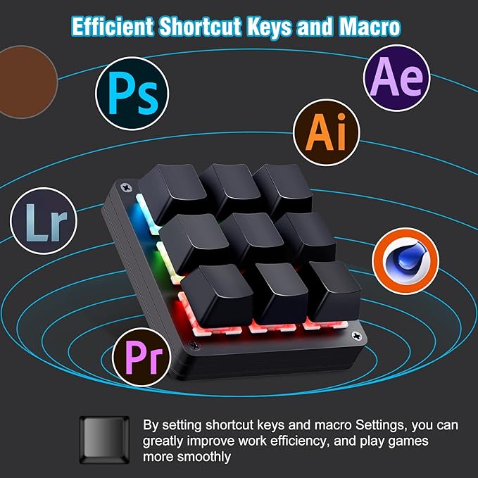 Koolertron One Handed Macro Mechanical Keyboard,Blue LED Backlit Portable Mini One-Handed Mechanical Gaming Keypad OSU! Keyboard 9 Fully Programmable Keys (9 Keys/Black/Pink LED)