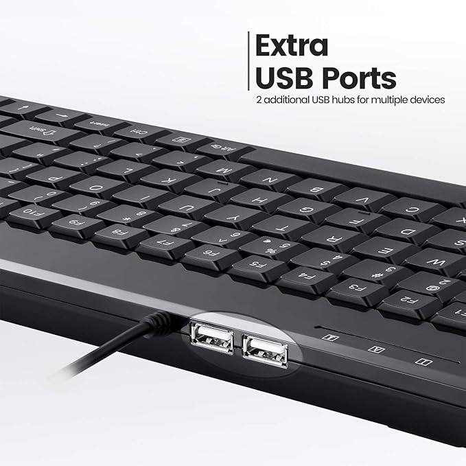 Perixx PERIBOARD-409H Wired USB Mini Keyboard with 2 USB Hubs, Black, US English Layout