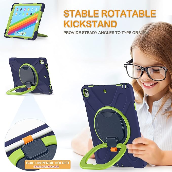 BRAECN Case for iPad Air 3 10.5 Inch 2019, Hybrid Shockproof Rugged Silicone Case with Pencil Holder, Folding Hand Grip, Stable Kickstand,Carrying Shoulder Strap for iPad Pro 10.5” 2017-Navy Green