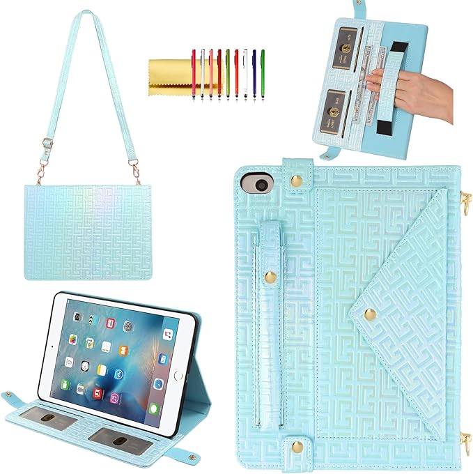 Shiny Case for iPad mini 5/4/3/2/1, Mini 7.9" Handbag Case, Techcircle Iridescent PU Leather Folio Envelope Pocket Stand Cover with Hand Strap+Shoulder Strap+Pencil Holder+Card Slots, Shiny Blue