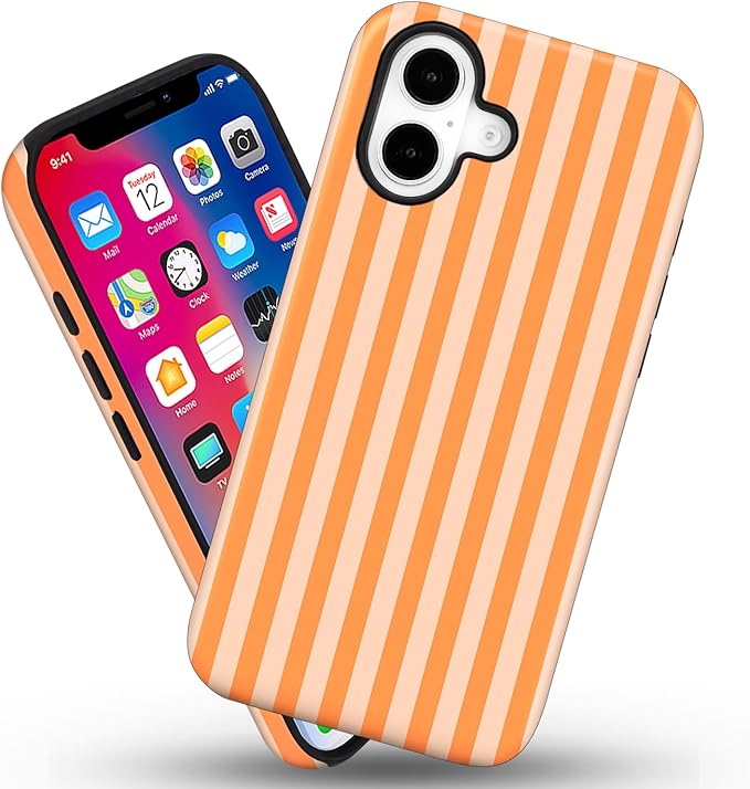 Magnetic for iPhone 17 Case Cute Stripes Phone Case, Shockproof Slim TPU and Hard PC Protective Phone Cover Compatible with MagSafe Designed for Women Girls, Orange