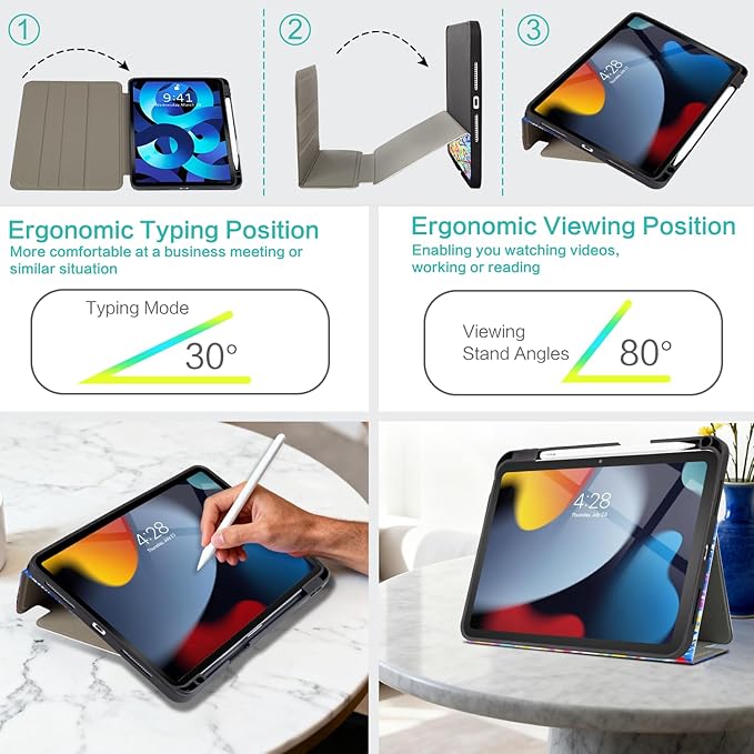 for iPad Air 11-inch Case M4/M3/M2 (2026/2025/2024), iPad Air 5th/Air 4th Gen Case with Pencil Holder, iPad Pro 11 Inch 4th/3rd/2nd/1st Multi-Angle View Adjustable Stand Auto Wake Sleep Colorful Heart