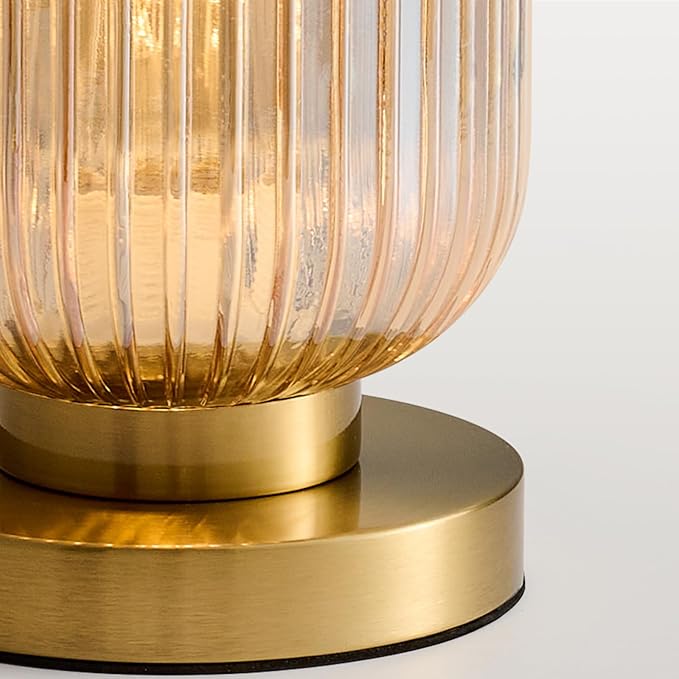 Mid Century Modern Table Lamp: Vintage Amber Ribbed Glass Globe Dimmable Plug in Small Bedside Lamps - Cute Brass Gold Side Table Lamp Nightstand Light for Bedroom Entryway Office Desk Living Room