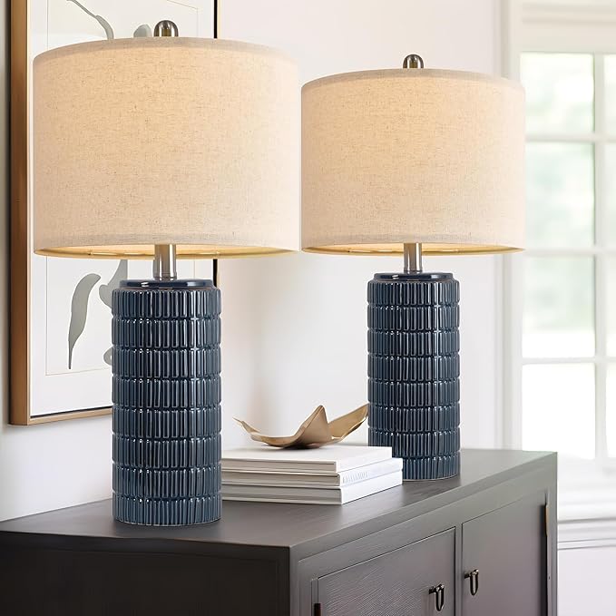 PoKat 24" Modern Ceramic Table Lamps Set of 2 for Bedroom, Blue Bedside Lamps for Night Stands, Farmhouse Desk Decor Nightstand Table Lamps for Living Room End Table Dark Blue