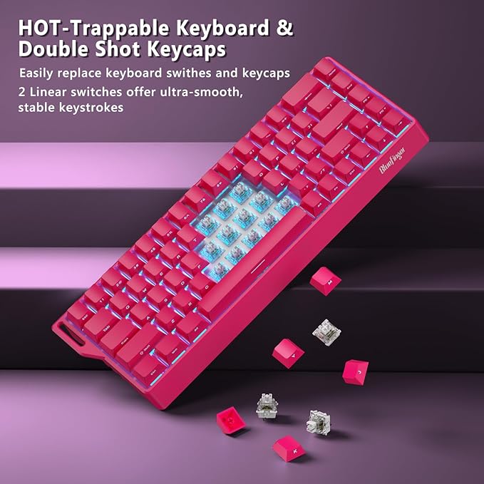 BlueFinger 60% Wireless Mechanical Gaming Keyboard, Bluetooth/2.4G/USB-C Hot Swappable RGB Backlit Keyboard with Side-Printed PBT Keycaps, for MAC Xbox PC PS5, Pink