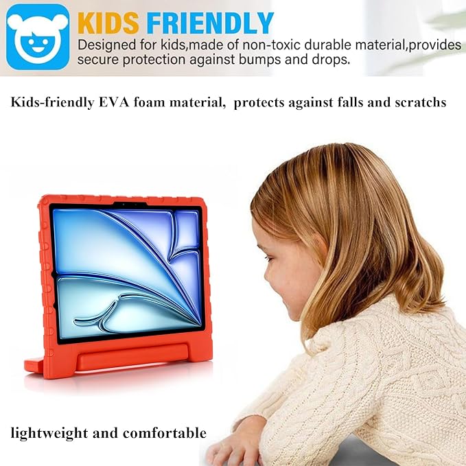 Kids Case for iPad Pro 11 inch M5/M4 (2025/2024) with Pencil Holder/Convertible Handle Stand Shockproof Slim Lightweight Cute Soft EVA Heavy Duty Rugged Kickstand Cover for Children, Red