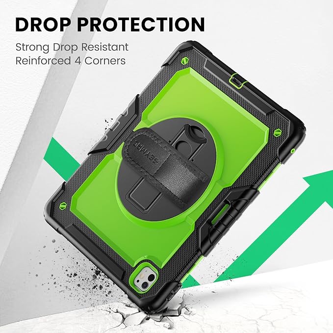 SEYMAC Case for iPad Pro 13 Inch M5 2025 / M4 2024, Heavy Duty Shockproof Protective Case with Screen Protector, 360° Rotating Stand, Hand/Shoulder Strap and Pen Holder, Green