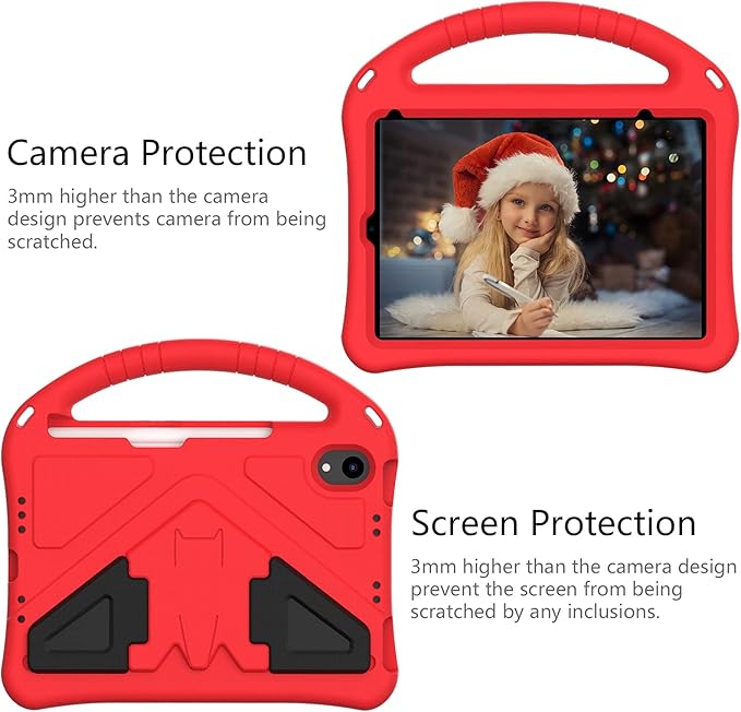 Light Weight Shock Proof EVA Foam Rugged Handle Stand Kids Friendly Anti-Slip Grip Protective Case for iPad Mini 7 (2024) & 6th Generation, Red