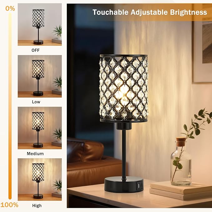 GyroVu Touch Control Table Lamp, Black Crystal Table Lamps Set of 2 with 2 USB Charging Ports, Dimmable Bedside Nightstand Lamps for Living Room, Bedroom, Guest Room, Bulbs Included