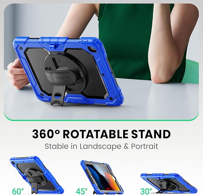SEYMAC for iPad 9th/8th/7th Generation Case 10.2" 2021-2019, Full-Body Shockproof Protective Case with Screen Protector, Rotating Stand/Handle/Shoulder Strap for iPad 10.2, Blue/Black
