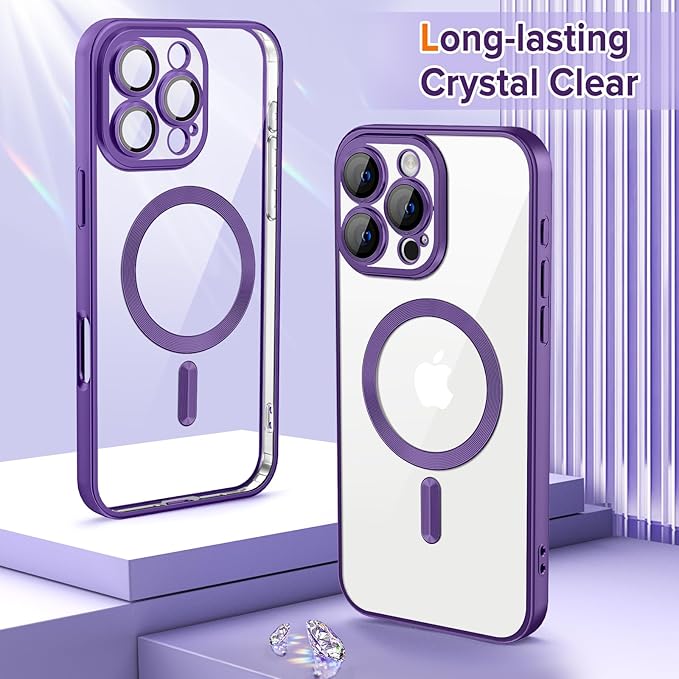 Hython Magnetic Clear for iPhone 16 Pro Max Case with Camera Lens Protector [Compatible with MagSafe] Plating Edge Slim Soft TPU Cover Protective Phone Case for iPhone 16 Pro Max 6.9", Matte Purple