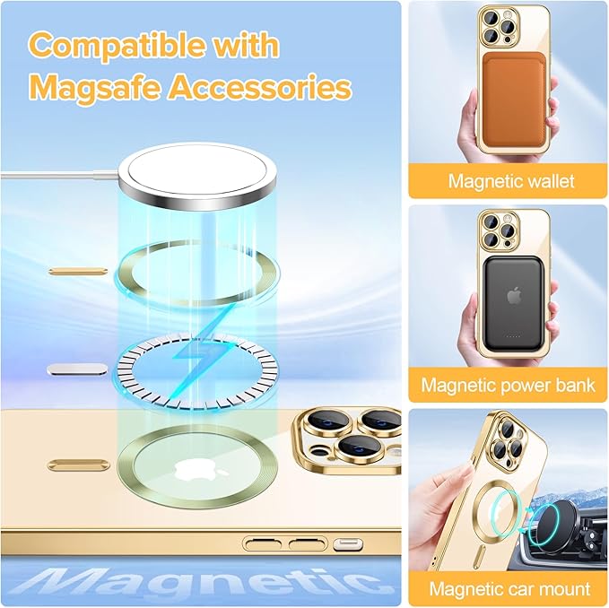 Hython Magnetic Clear for iPhone 13 Pro Max Case with Camera Lens Protector [Compatible with MagSafe] Plating Edge Slim Soft TPU Cover Protective Phone Case for iPhone 13 Pro Max 6.7", Gold