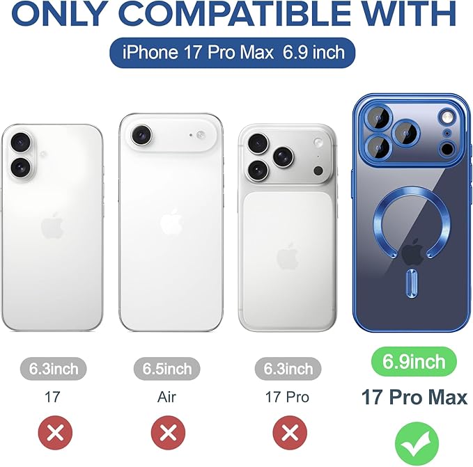 Hython Magnetic Clear for iPhone 17 Pro Max Case with Camera Lens Protector [Compatible with MagSafe] Plating Edge Slim Soft TPU Cover Protective Phone Case for iPhone 17 Pro Max 6.9", Deep Blue