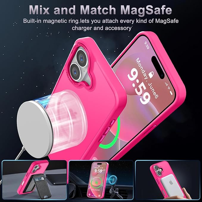 Newfuture Designed for iPhone 16 Case with Magnetic [13 FT Military Drop Protection] [Compatible with Magsafe] Slim Translucent Matte Shockproof with Anti-Fingerprint Phone Case, Hot Pink