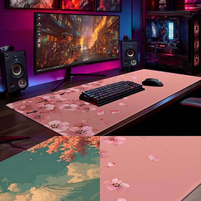 AQQA Pink Japanese Desk Mat with Stitched Edges,31.5" x 15.7" Large Dual-Sided Cherry Blossom Mousepad for Women,Mouse Pad Protector with Waterproof for Laptop Office Accessories