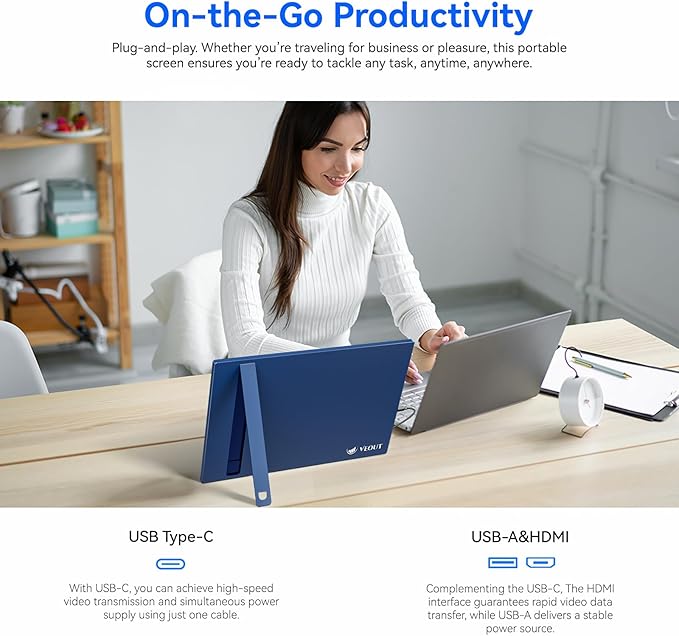 Veout Portable Monitor 16" 1200P FHD Dual USB-C/HDMI Ultra-Slim Travel Monitor with Kickstand & Speakers, 16:10 IPS External Second Screen Compatible with Laptop, Mini PC, MacBook, PS, Switch