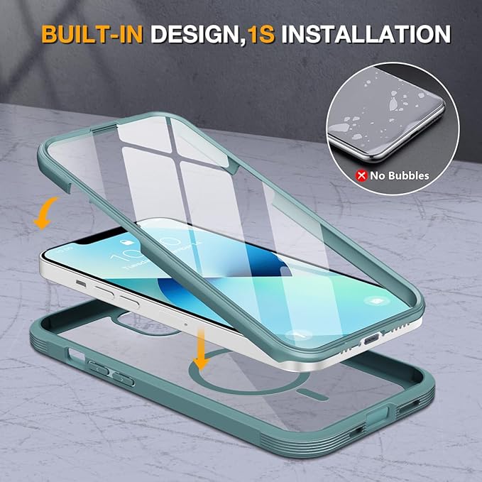 Miracase for iPhone 13 Case 6.1'',Full-Body Magnetic Clear Bumper Case with Built-in 9H Tempered Glass Screen Protector,Military Drop Protection Outdoor Phone Case,Teal
