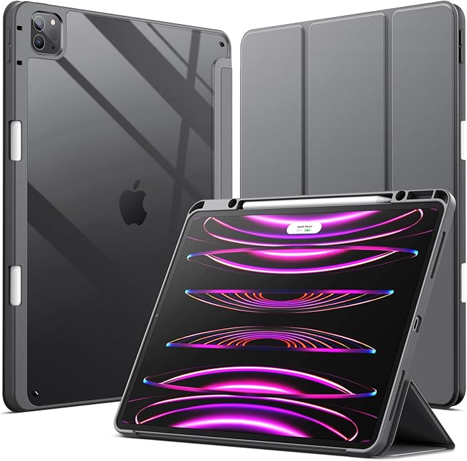 JETech Case for iPad Pro 12.9-Inch (2022/2021/2020/2018) with Pencil Holder, Clear Transparent Back Shell Slim Stand Shockproof Tablet Cover, Auto Wake/Sleep (Space Gray)