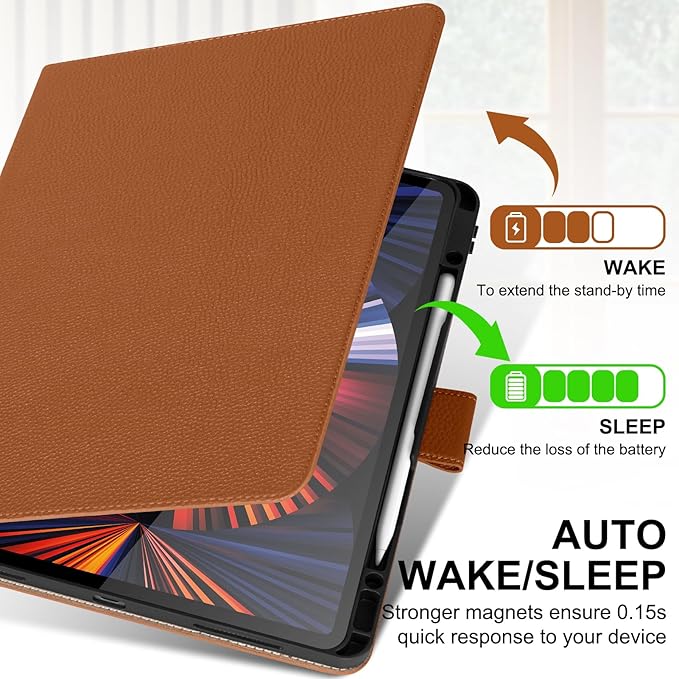 Genuine Leather Case for iPad Pro 12.9 inch 6th/5th/4th/3rd Generation 2022/2021/2020/2018 | with Pencil Holder and Adjustable Stand, Magnetic Closure, Auto Wake/Sleep Cover | Brown