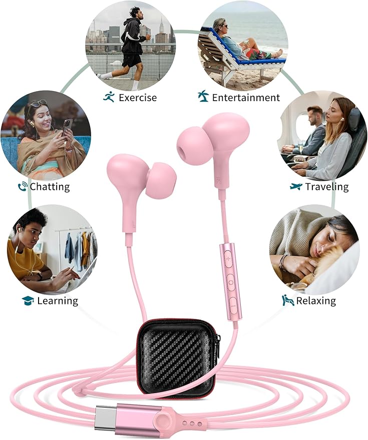 USB C Headphones for iPhone 17 16 15 Plus/Galaxy S26 S25 Wired Earbuds with Microphone for Samsung S24 S23 S22 S21 S20 Ultra, Magnetic Noise Canceling in-Ear Type C Earphone for iPad 10/Pixel 8a, Pink