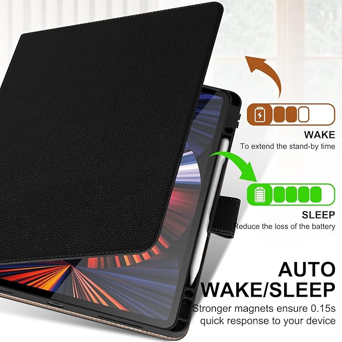 Genuine Leather Case for iPad Pro 12.9 inch 6th/5th/4th/3rd Generation 2022/2021/2020/2018 | with Pencil Holder and Adjustable Stand, Magnetic Closure, Auto Wake/Sleep Cover | Black