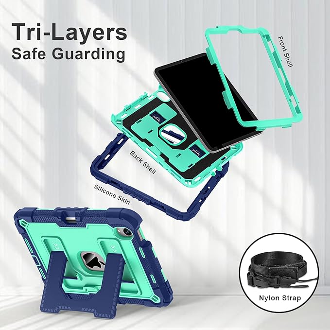 Kids Friendly Case for Apple iPad mini 7 A17 Pro 2024/iPad Mini 6 2021 8.3 Inch 7th/6th Gen Case with Pencil Holder & Shoulder Strap, Shockproof Kickstand Hard Shell Protective Cover,Blue+Mint