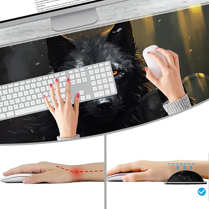 Extended Non-Slip Mouse Pad + Mouse Wrist Rest + Lace-Shaped Coaster Set, Ergonomic Design, Suitable for Desk and Home Gaming Table Mat, Black Wolf