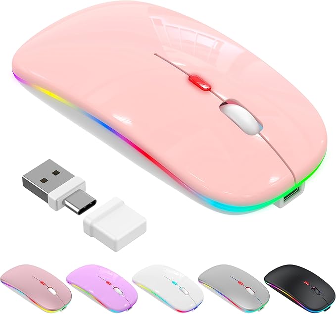 LED Bluetooth Wireless Mouse for MacBook Air/Pro, Laptop, iPad – Rechargeable Silent Light-Up Slim Mouse, Optical Dual Mode BT5.2 & USB-A/USB-C – for Students, Kids, Girls, Boys – Baby Pink