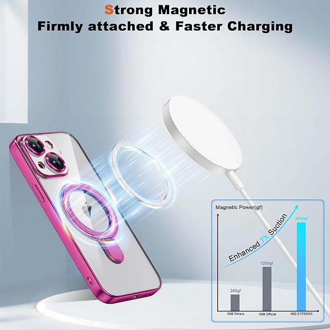 Compatible with iPhone 14 Case with Magnetic Ring Stand [Compatible with Mag-Safe] [Full Camera Lens Protector] Soft Plating Clear Phone Case for iPhone 14 6.1", Rose