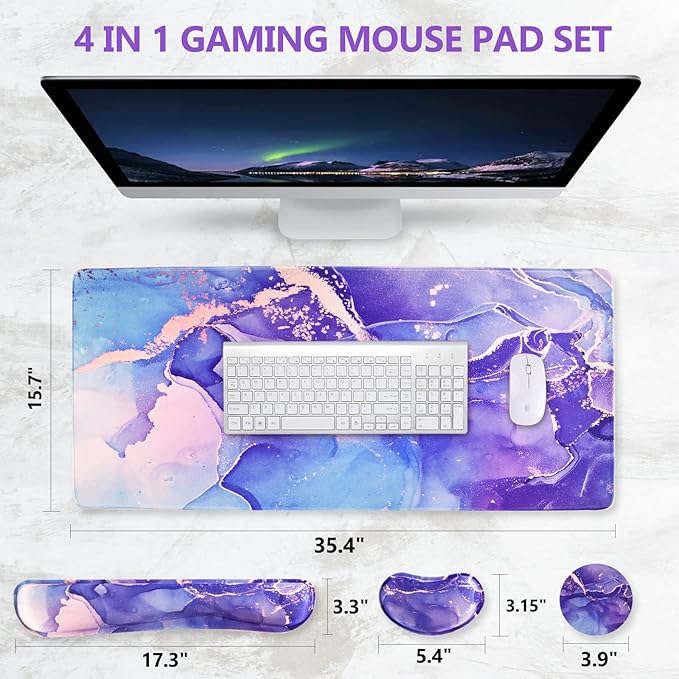DINKY Keyboard Mouse Pad Set, Large Gaming Mousepad + Memory Foam Ergonomic Keyboard Wrist Rest Support, Easy Typing Pain Relief, 4Pcs (35.4" x 15.7") Extended Desk Mat-Modern Purple Marble