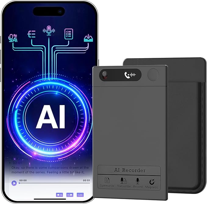 AI Smart Voice Recorder, 64GB 1000+ Hours Audio Recorder with Fast AI Transcription, Summaries, Mind Map, Q&A, Data Safe, Ultra-Thin, Magnetic Case, for Meetings, Calls, Lectures, Matte Grey