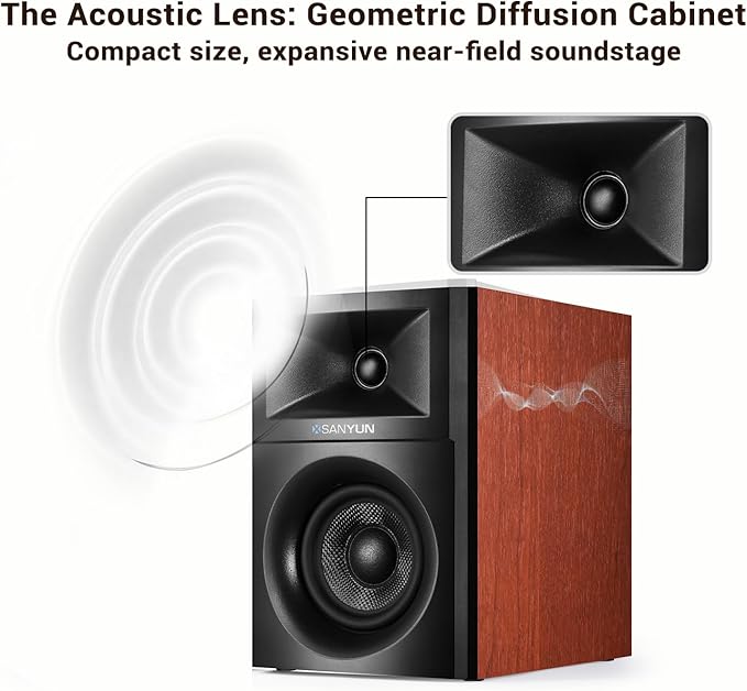 Sanyun SW203 2.0 Desktop Computer Speakers - Near-Field 3D Stereo with Vertical Imaging - 60W Triple-DSP Dual Independent Drive - 24bit USB-C DAC Bluetooth 5.4 AUX, HiFi PC Gaming (Pair, Cherry)