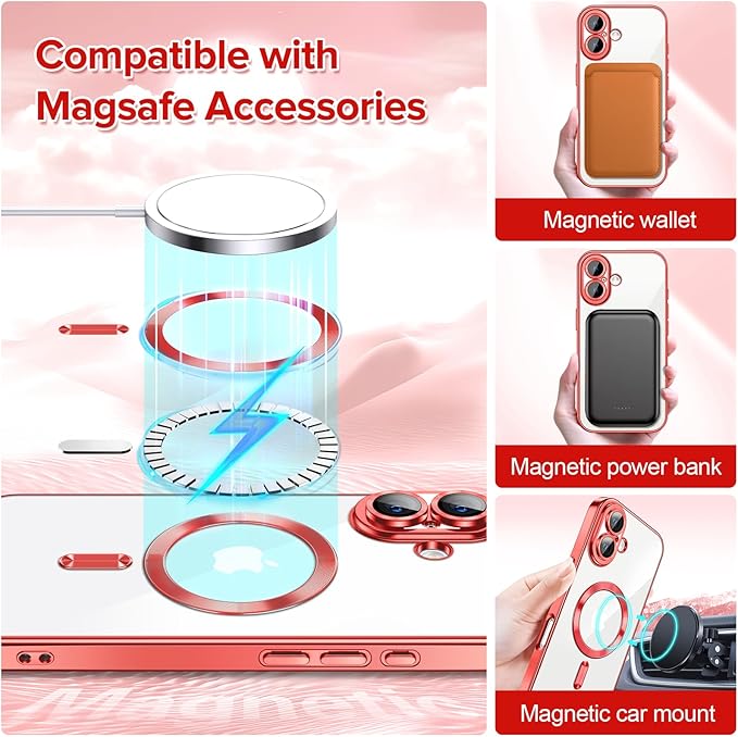 Hython Magnetic Clear for iPhone 16 Plus Case with Camera Lens Protector [Compatible with MagSafe] Luxury Plating Edge Slim Soft TPU Cover Protective Phone Case for iPhone 16 Plus 6.7", Red