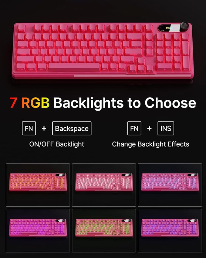 EWEADN V102 Wired Keyboard, 98 Keys Creamy Gaming Keyboard with Number Pad, Display Screen & Media Knob RGB Silent Wired Cute Computer Keyboard for Laptop PC Gamer - Dark Pink