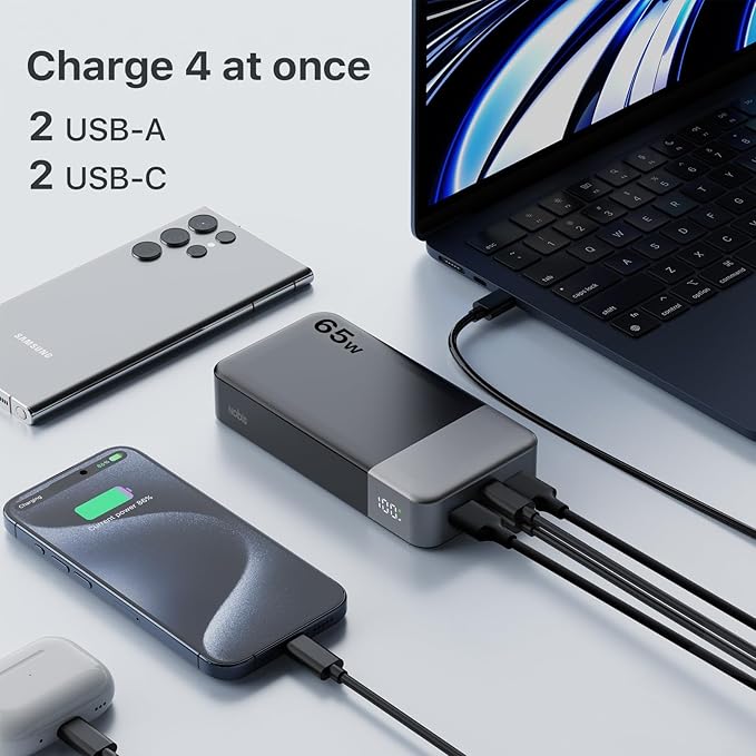 NOBIS 20000mAh Battery Pack Power Bank 65W Power Bank, Portable Charger with Digital Display, Dual USB-C/USB-A Fast Charging for Laptop, Phone, Tablet, Travel-Friendly External Battery Pack