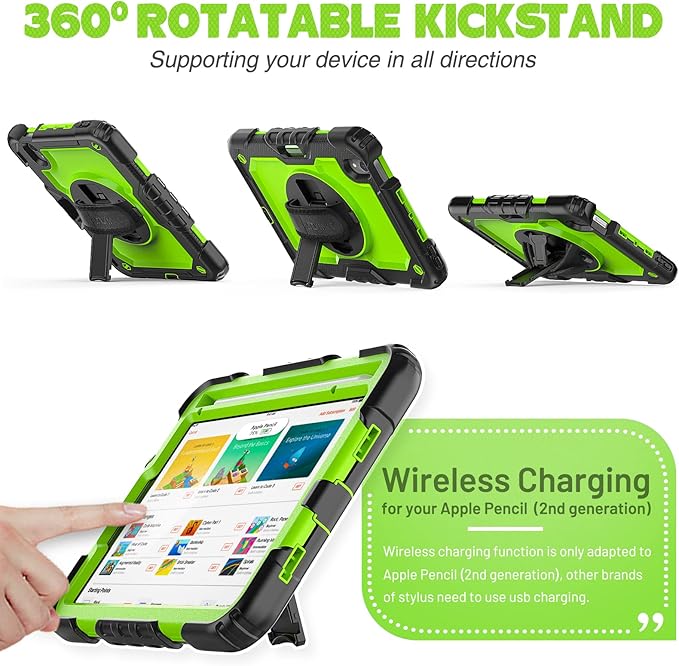 SEYMAC stock Case for iPad mini 7 (A17 Pro) 2024/ Mini 6 8.3'' with Screen Protector Pencil Holder [360 Rotating Hand Strap] &Stand, Drop-Proof Case for iPad mini 7th/6th Generation 8.3", Green+Black