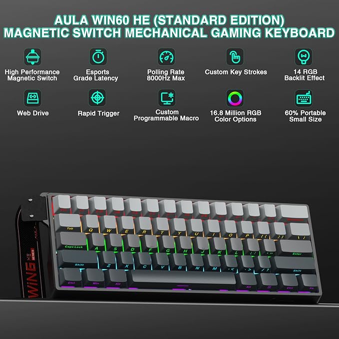 Aula WIN60 HE - 60% Mechanical Gaming Keyboard Wired, Hall Effect Magnetic Switch Hot Swappable,8000 Hz Polling Rate, RGB Keyboard 60 Percent Compact Design for PC (Gradient Gray)