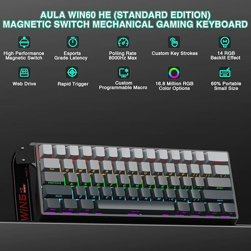 Aula WIN60 HE - 60% Mechanical Gaming Keyboard Wired, Hall Effect Magnetic Switch Hot Swappable,8000 Hz Polling Rate, RGB Keyboard 60 Percent Compact Design for PC (Gradient Gray)