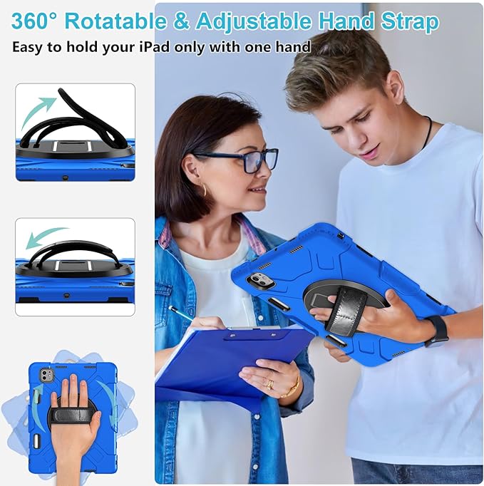 Case for iPad Pro 11 M5 2025/ M4 2024: Protective Cover for iPad Pro 11 Inch 5th Generation with Screen Protector- Stand- Handle- Shoulder Strap- Pencil Holder-Black+Blue