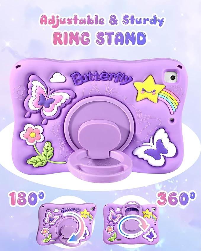 Kidcube for iPad 5th/6th Generation Case, for iPad Air 1st/2nd Gen, for iPad Pro 9.7 Inch Case - Girls Cute Kawaii Girly 3D Purple Butterfly Design Cover with Rotating Stand & Strap Silicone Women