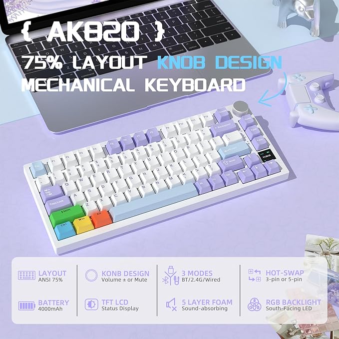 Attack Shark ajazz AK820 Pro 75% Mechanical Keyboard and Coiled Cable Hot Swappable Wireless 2.4GHz/Bluetooth/Wired TFT Screen & Knob Flying Fish Switch RGB Gasket Mount Custom Keyboard-Purple