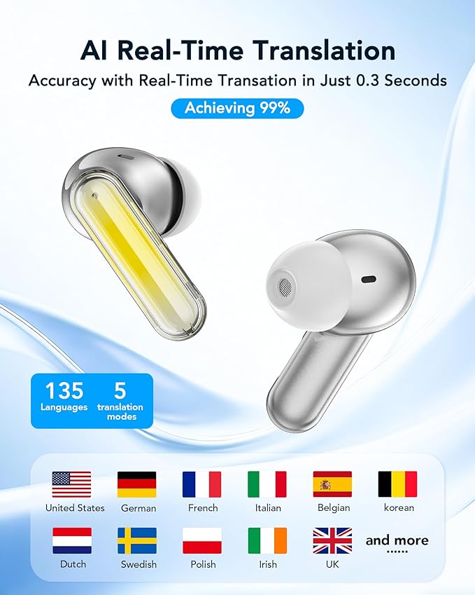 MS110 Wireless Ear Buds,40h Playtime Earbuds with Ai Translation Earbuds Real Time, 6.0 Bluetooth Earbuds,IPX5 Waterproof & Active Noise Cancelling Earphones for Phones/Meeting/Travel/Learning /Sports