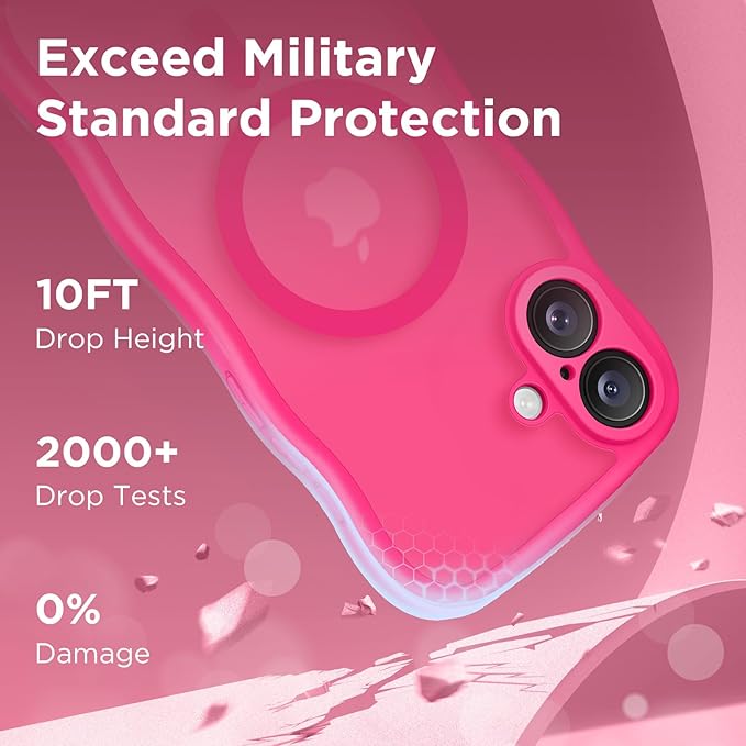 CAPRARO for iPhone 16 Plus Case for Women Girls, Upgraded [Full Camera Protection] [Compatible with MagSafe] Cute Wave Translucent Matte Phone Case for iPhone 16 Plus, Hot Pink