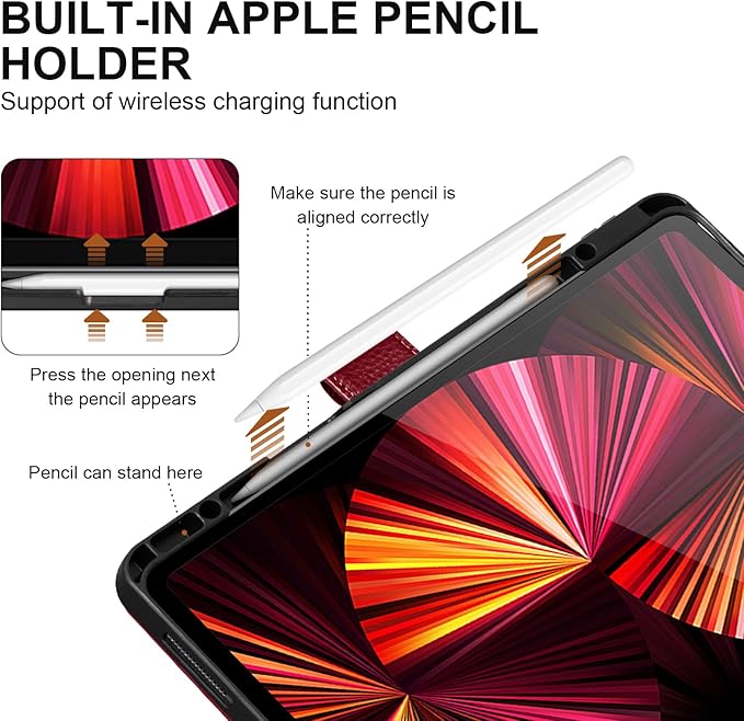 Genuine Leather Case for iPad Pro 12.9 inch 6th/5th/4th/3rd Generation 2022/2021/2020/2018 | with Pencil Holder and Adjustable Stand, Magnetic Closure, Auto Wake/Sleep Cover | Wine Red
