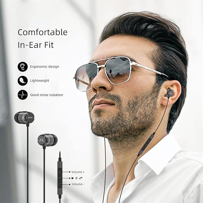 SoundMAGIC E11C Wired Earbuds with Microphone HiFi Stereo Earphones Noise Isolating in Ear Headphones Powerful Bass Tangle Free Cord Black