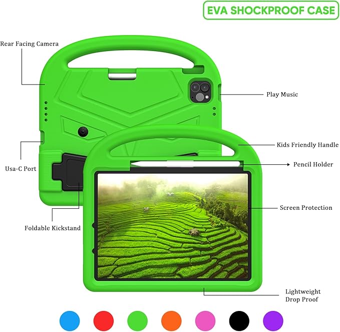 Kids Case for Apple iPad Pro 11 inch M5/M4 Tablet (2025/2024) with Pencil Holder/Handle/Kickstand Slim Lightweight Cute Soft EVA Foam Shockproof Stand Cover for Boys Girls Teens, Green Bird