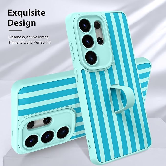 KANGHAR Compatible with Samsung Galaxy S26 Ultra Case, Support for MagSafe, Silicone Stripes Cute Pattern, Wristband Kickstand Camera Protection Soft Slim Cover for Girls Women -Blue