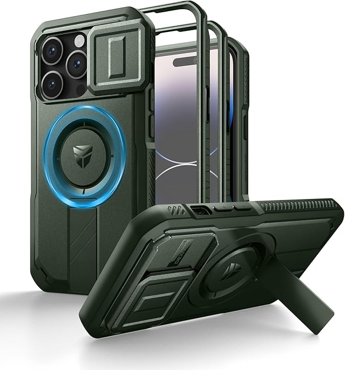 Dexnor for iPhone 14 Pro Case with Slide Camera Cover & Adjustable Kickstand & Built-in Screen Protector, Magnetic Rugged Shockproof Bumper Cases Heavy-Duty Magnetic Protective Cover,Army Green