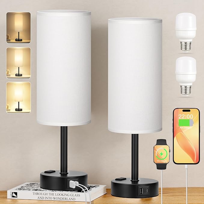 PartageiZ White Bedroom Lamps Set of 2-3 Way Dimmable Touch Table Lamps with USB C and A Ports, Bedside Lamps for Nightstand with AC Outlet, Small Desk Lamps with Black Base for Office Hotel