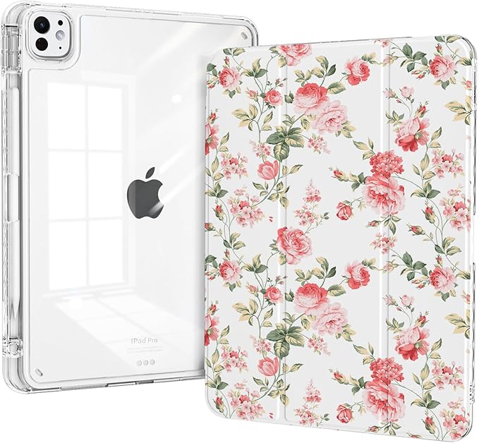 Clear Case for iPad Pro 11 Inch M5 (2025), Flower iPad Pro 11 M4 Case (2024) with Pencil Holder, Trifold Stable Stand, Transparent Shockproof Back Cover Protection, Pink Rose